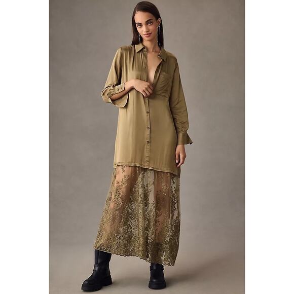 By Anthropologie Lace Mix Twofer Satin Maxi Dress - Picture 1 of 8